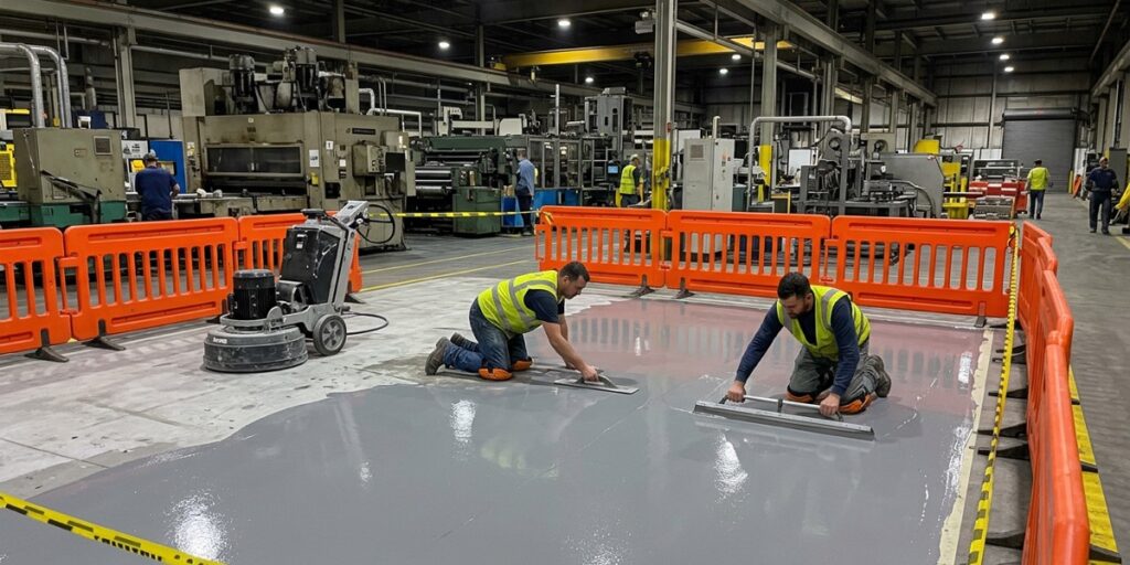 Illustrative image: two installers troweling a seamless gray floor inside barriers in an operating plant during a shutdown